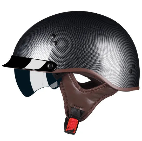 Vintage motorcycle helmet with ABS shell, EPS liner, quick release buckle, and UV protection glasses in black