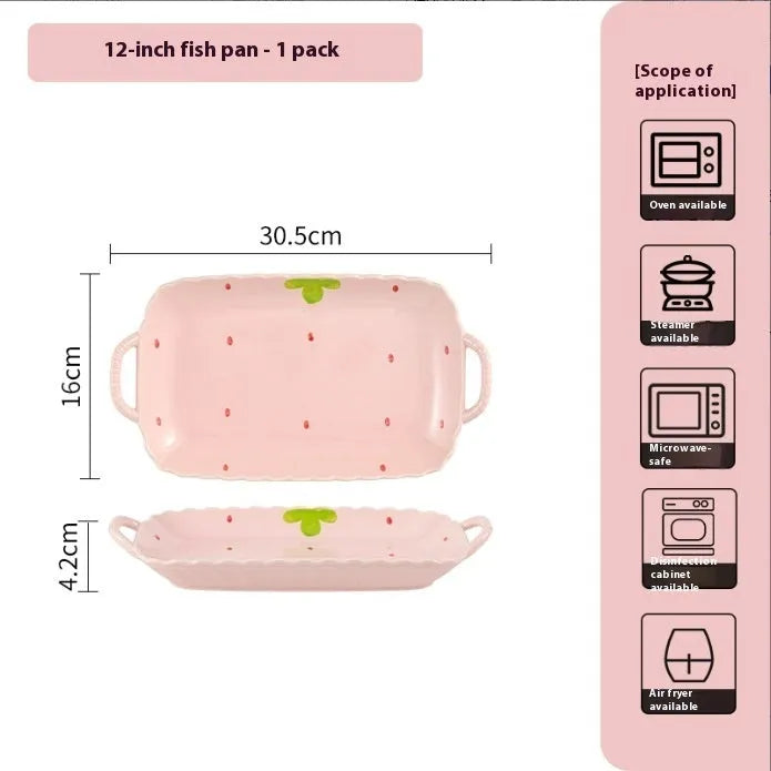 Strawberry-themed porcelain dinnerware set with plates, flower bowls, and microwave-safe spoons