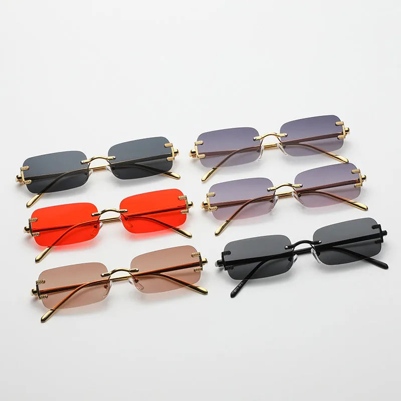 Retro square frameless sunglasses with gold metal frame and black/gray AC lenses