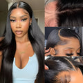 13x6 straight lace front human hair wig in black colour displayed at various lengths