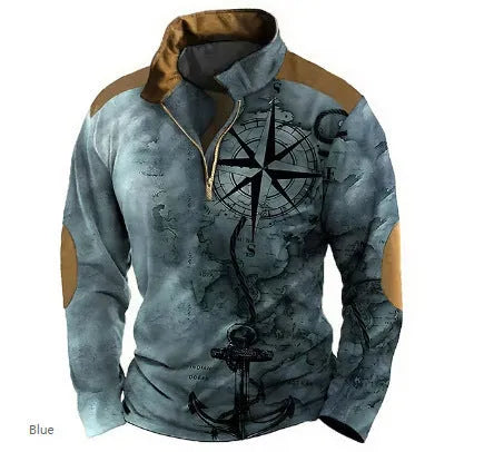 Men's loose fit long sleeve t-shirt with retro colour printing and zipper decorations on textured fabric.