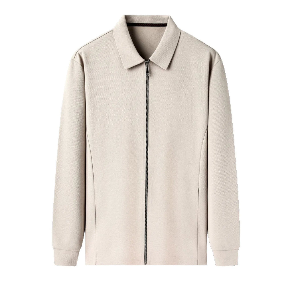 Men's polyester casual business jacket in apricot colour with straight hem and long sleeves.