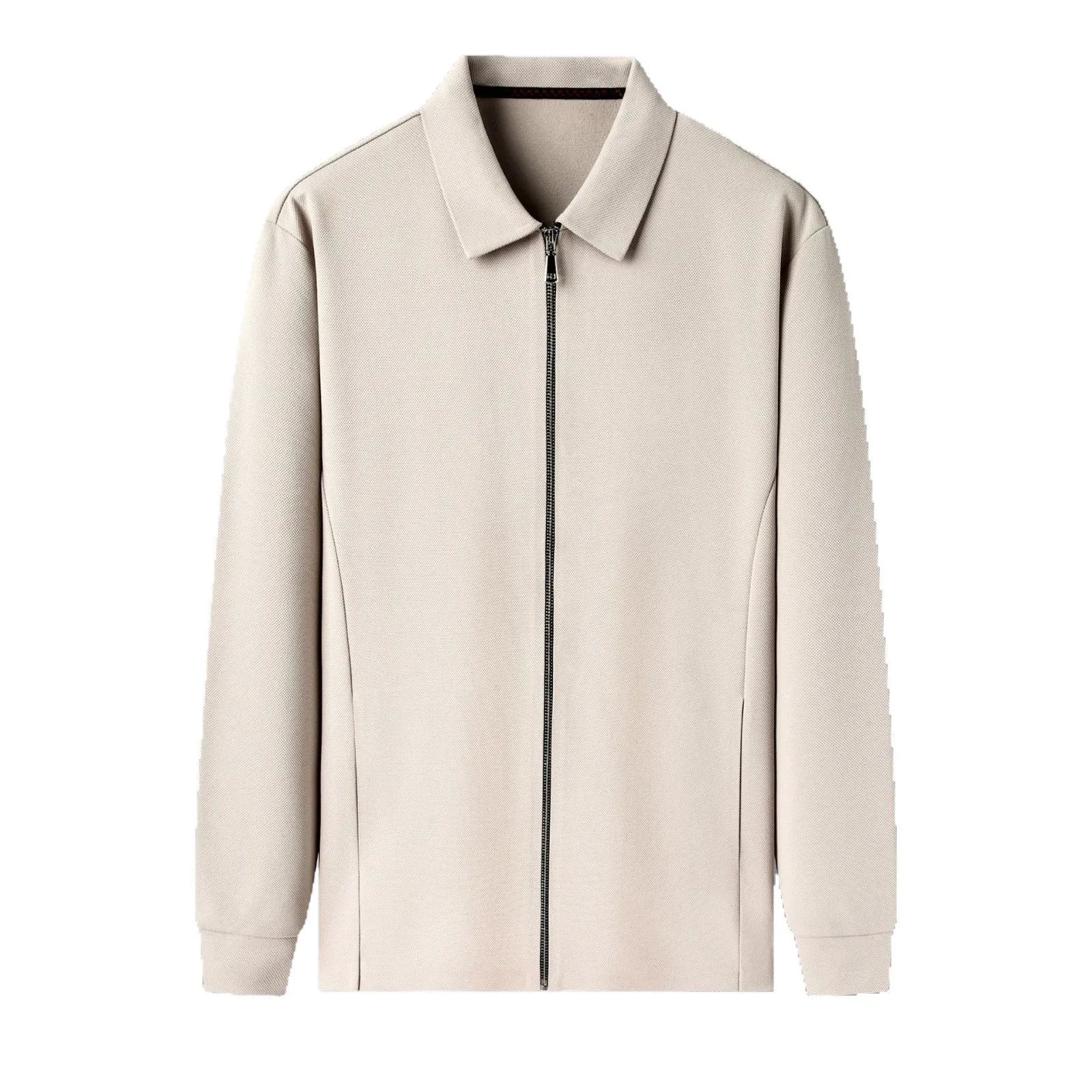 Men's polyester casual business jacket in apricot colour with straight hem and long sleeves.