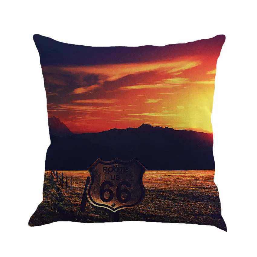 Route 66 landscape pattern linen cushion cover 45x45cm in cotton linen blend