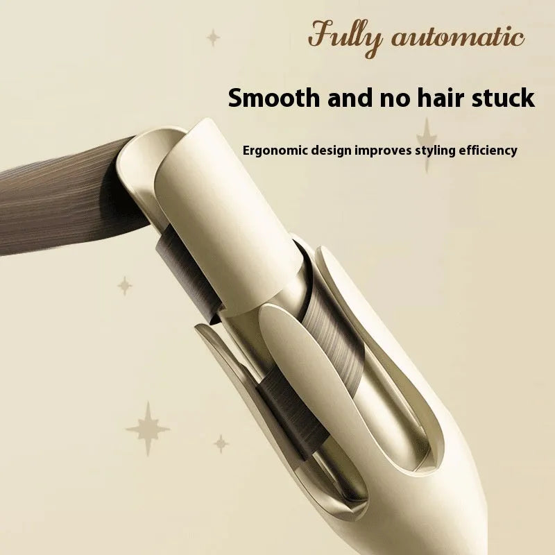 White and pink automatic hair curler with a 32mm ceramic barrel and a US plug adapter on a table.