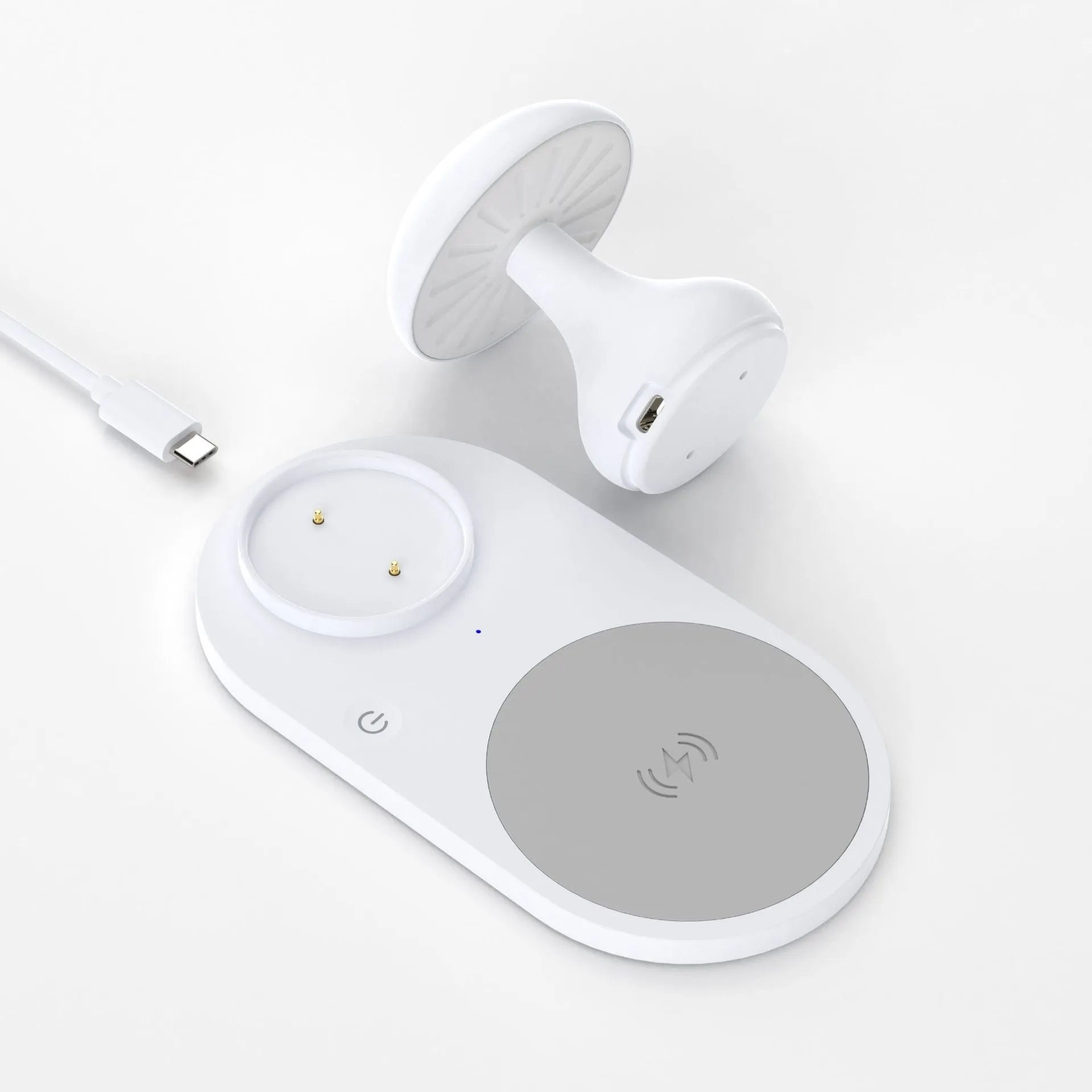 Multifunctional 10W wireless charger mushroom lamp in white ABS composite material on a desk