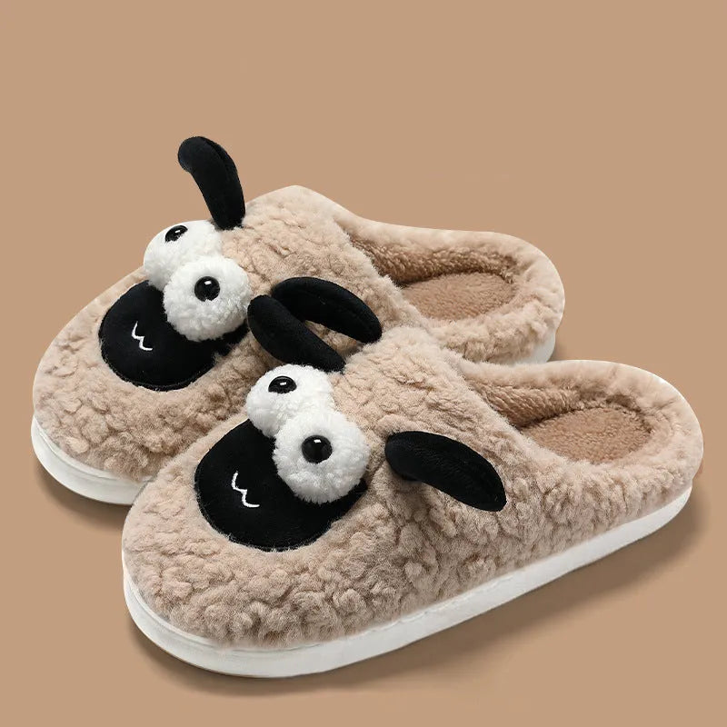 Simple lamb design thermal cotton suede slip-on slippers with a sewn PVC sole.
