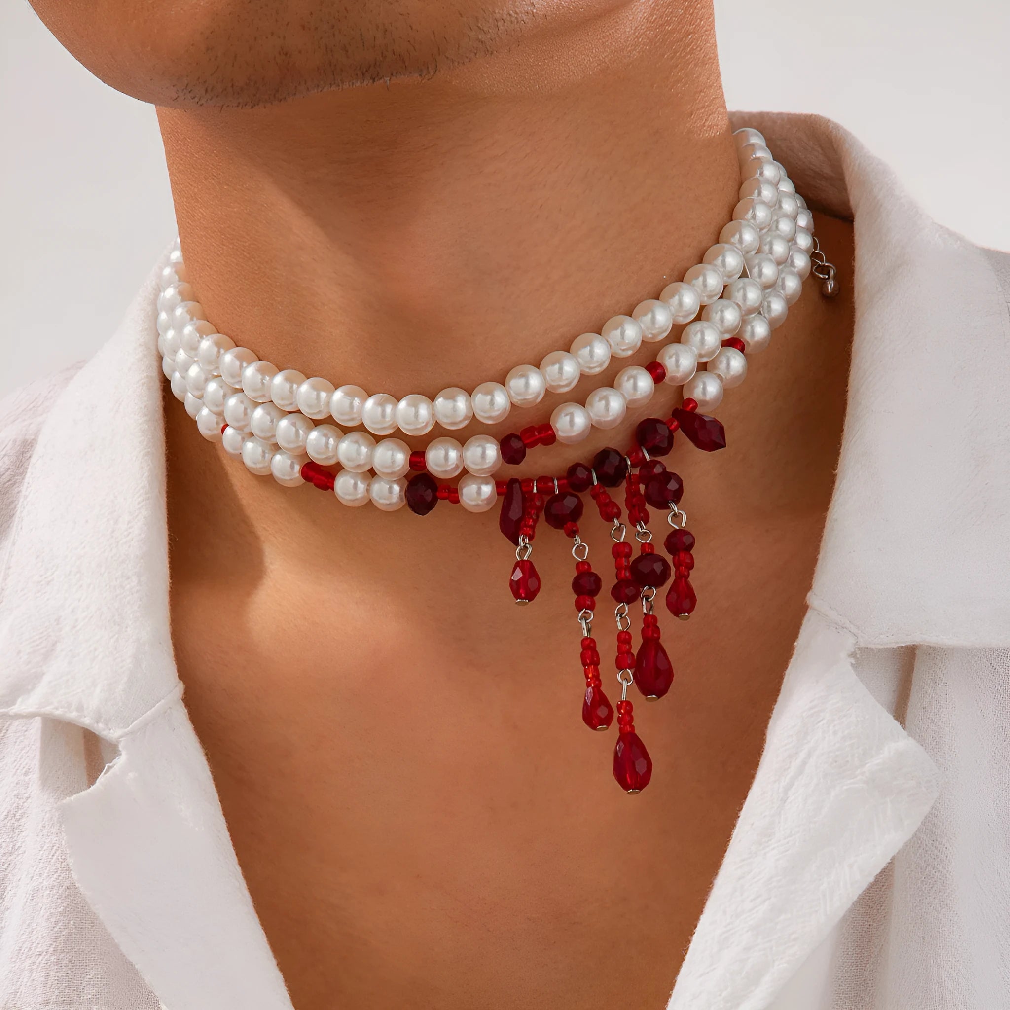 Halloween blood drop tassel necklace with geometric crystal pendant and pearl decoration on adjustable chain