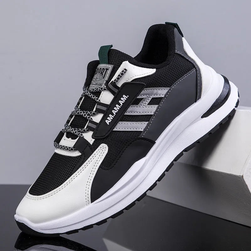 Men's grey flying weave mesh running shoes with rubber sole and lace-up front