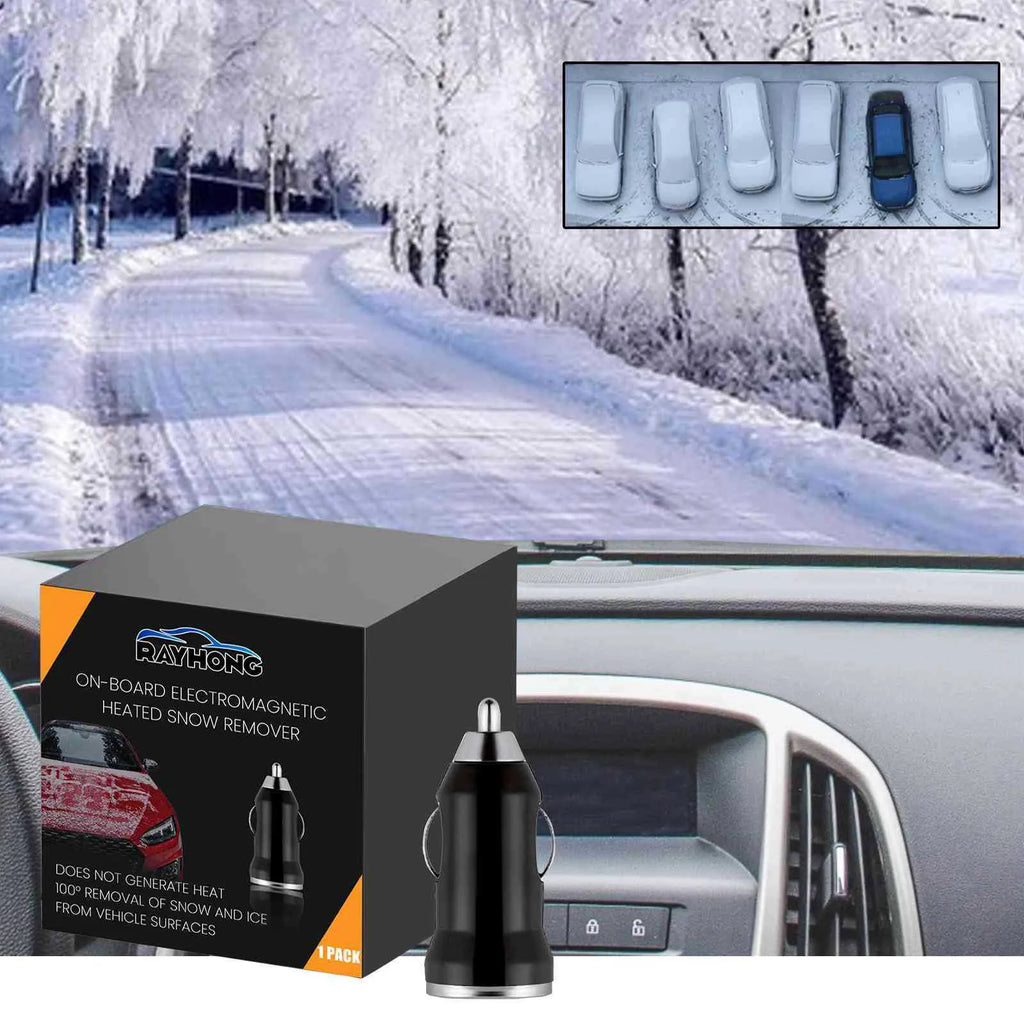 Black portable car snow melting tool and deicer charger measuring 5.5 by 2.3 centimetres