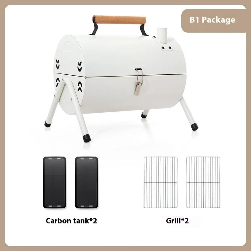 White round chimney portable charcoal grill with foldable legs, two carbon tanks, and a dual cooking mesh setup.