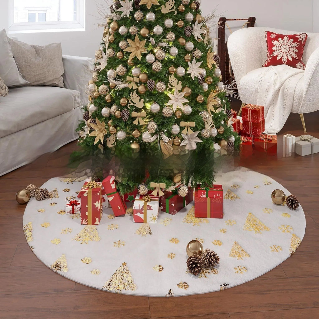 Plush Christmas tree floor mat in festive snowflake star design on wooden floor