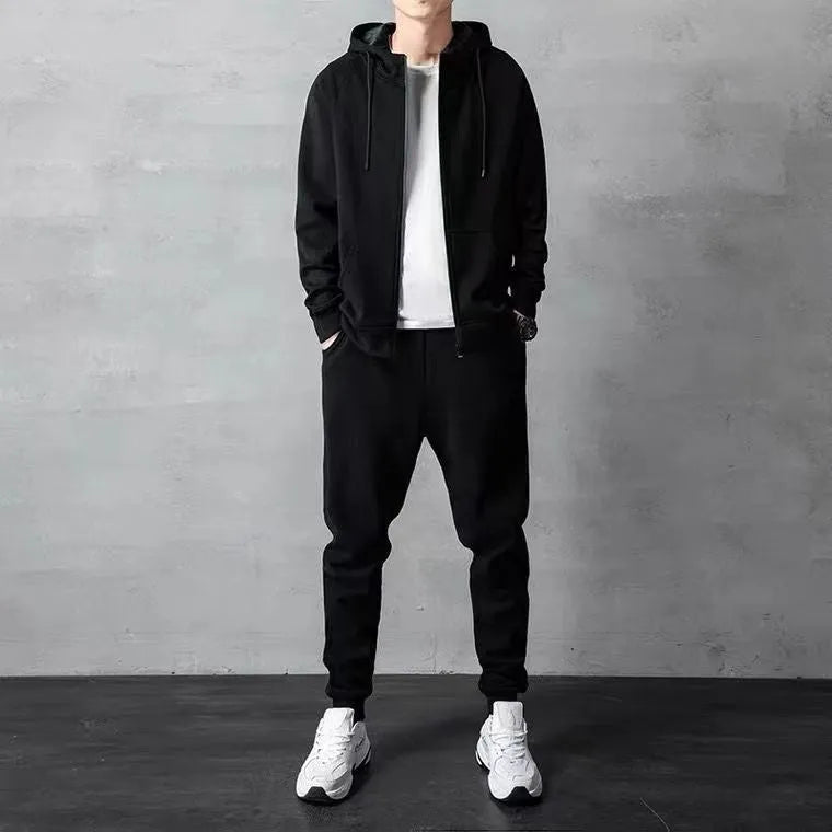 Men's loose zip-up hoodie and jogger set in black or grey cotton, sizes M to 4XL, 400g, spring casual outfit.