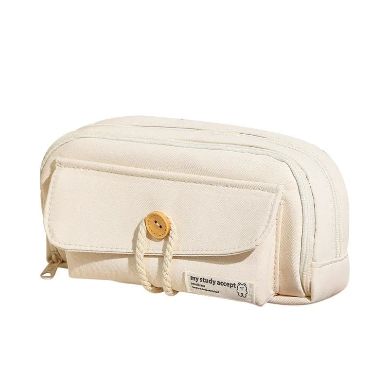 Green canvas pencil case with large capacity for about 80 pens, showing simple Korean style design.
