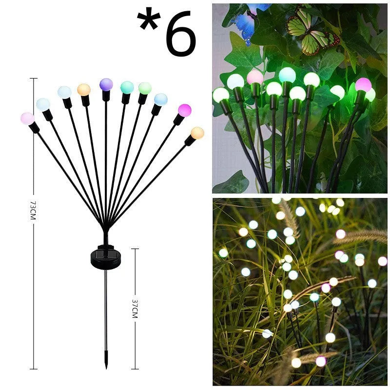 Solar-powered LED firefly ground lamp with multiple light heads for garden pathway illumination