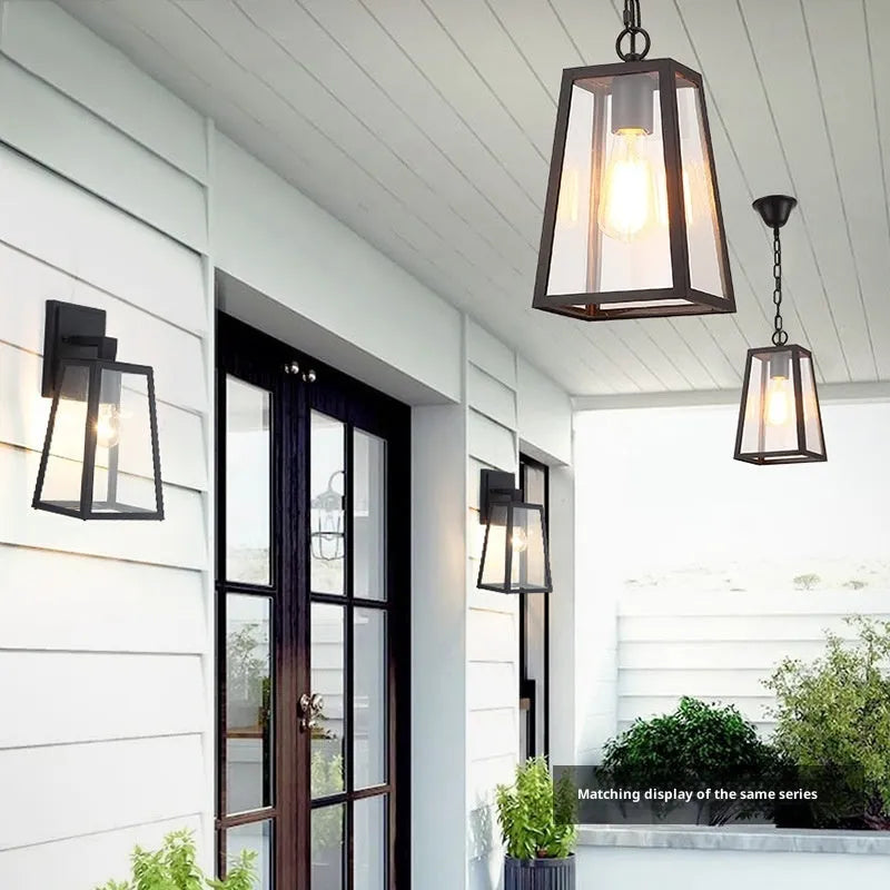 Sand black outdoor chandelier with trapezoidal glass shade, 45cm, 220V, for corridor and courtyard.