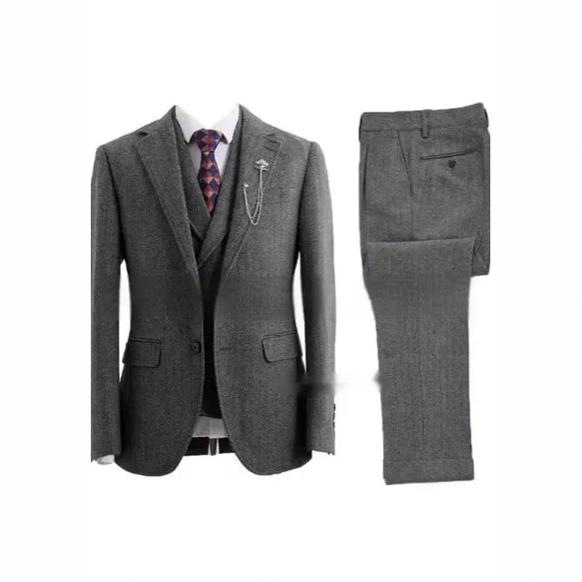 Men's slim fit three-piece suit in brown nylon with jacket, waistcoat, and trousers