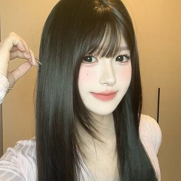 Dark brown straight women's wig with bangs for round face shapes