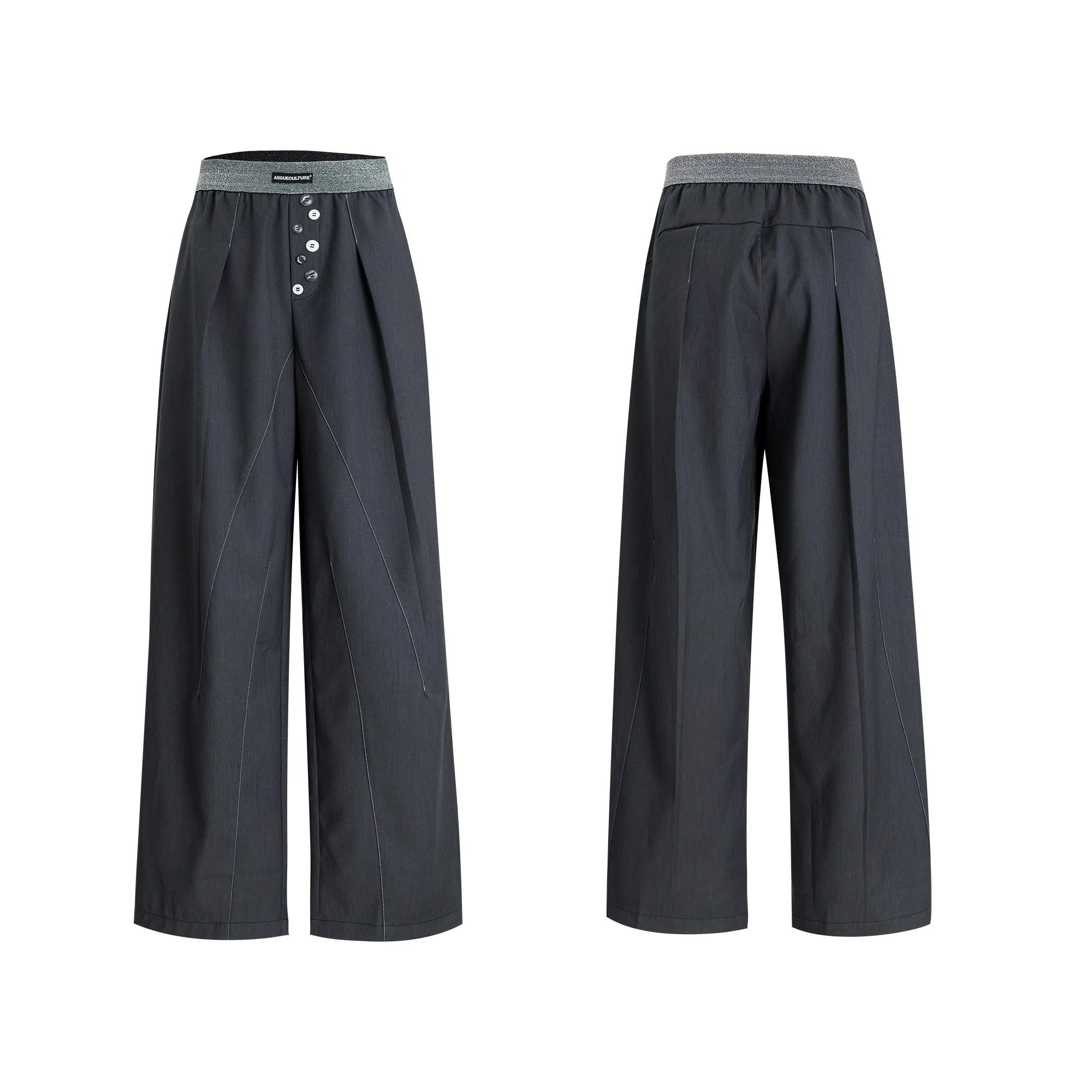 Straight-leg casual trousers with button-open line design in black and grey colours