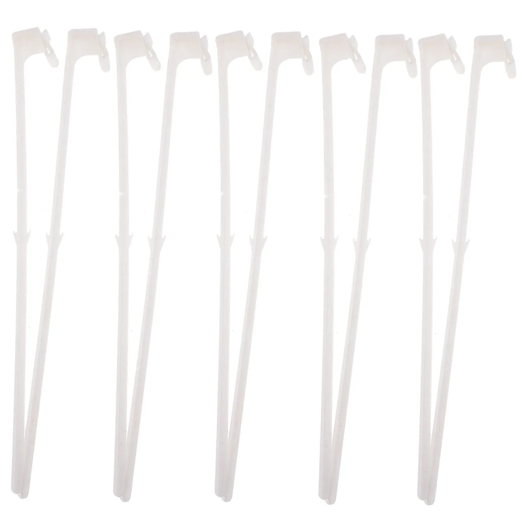 Set of 10 white plastic car window flag holder clips on a flat surface.