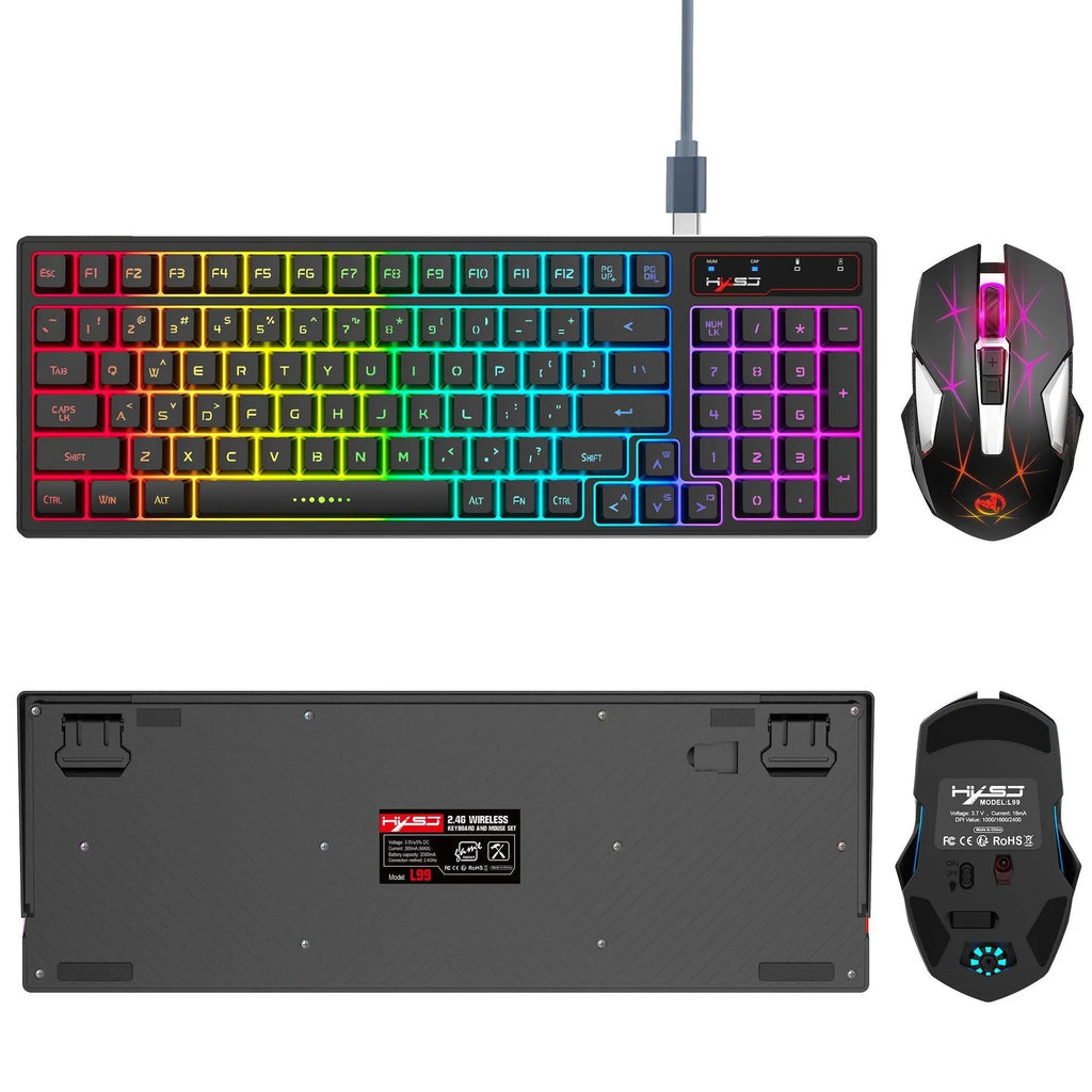 L99 2.4G wireless keyboard and mouse set with 96-key RGB membrane keyboard and 7-key Type-C rechargeable mouse