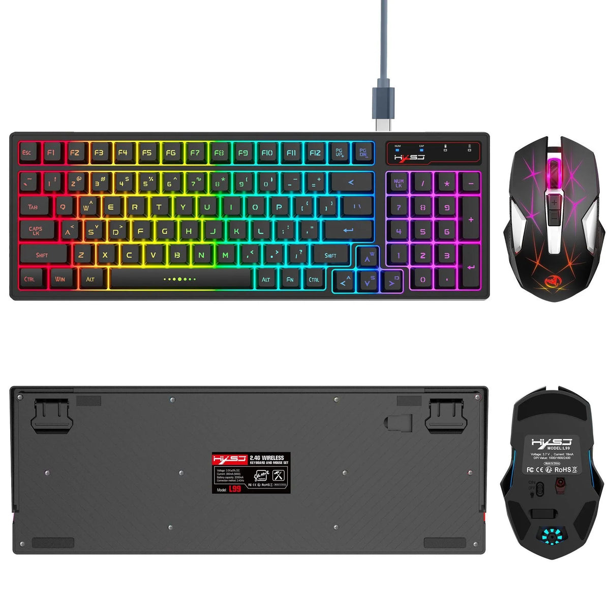 L99 2.4G wireless keyboard and mouse set with 96-key RGB membrane keyboard and 7-key Type-C rechargeable mouse