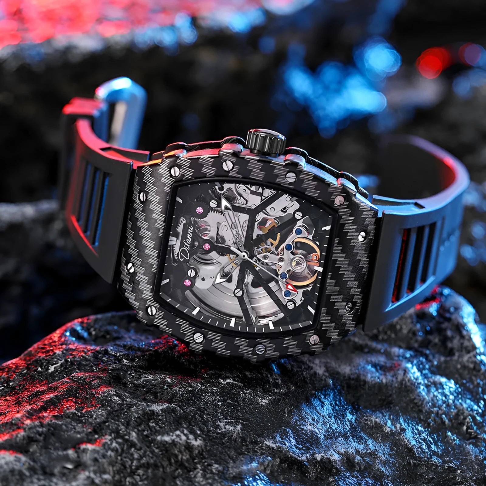 Men's automatic mechanical watch with black dial, luminous hands, stainless steel case, and black rubber strap.