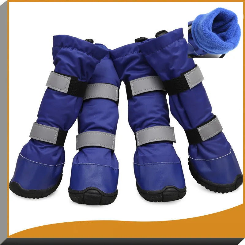 Waterproof dog rain boots with flannel lining and reflective straps, available in blue black red sizes XS to XXL