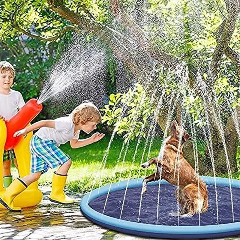 Large blue anti-slip dog splash pad with a textured surface in a sunny garden.