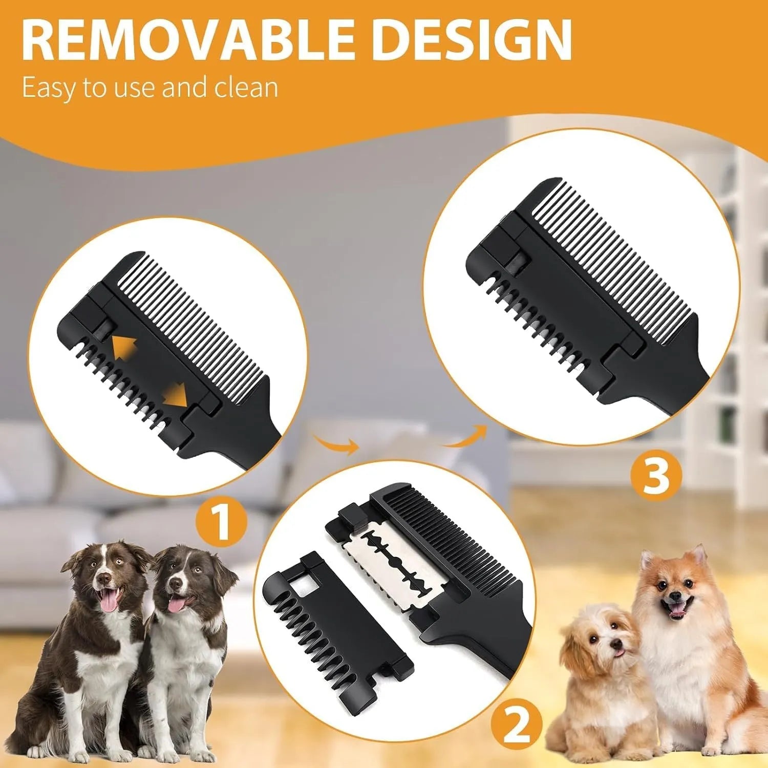 Pet razor comb grooming tool with comb teeth and integrated blade, includes replacement blades.