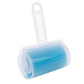 Washable reusable lint roller for removing pet hair from fabrics, shown with protective cover in blue, green, pink or yellow.