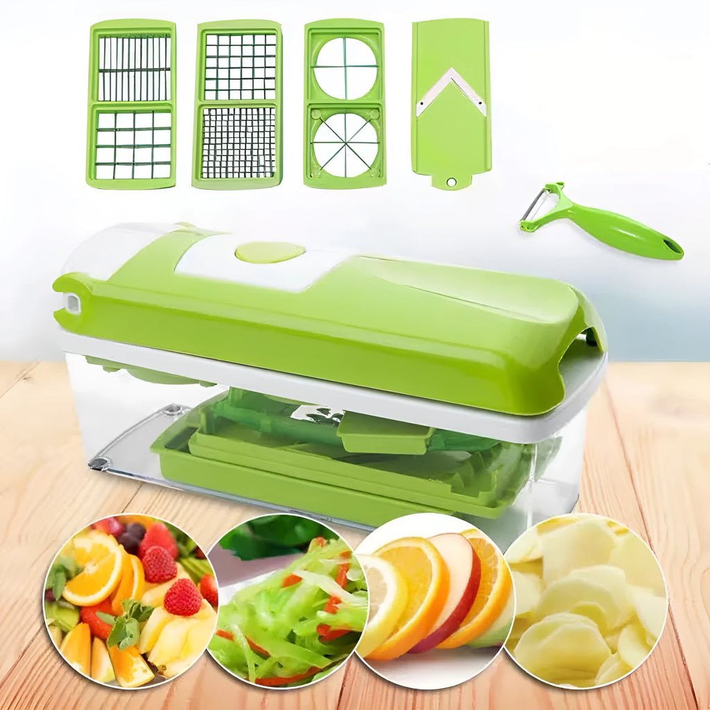 Green handheld manual food chopper with stainless steel blades on a white background.