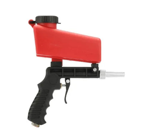 Portable blue pneumatic sandblasting gun with large hopper and nozzle for industrial surface cleaning.