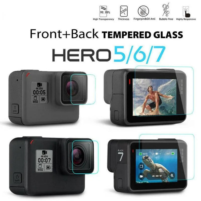 Transparent 9H tempered glass lens and screen protector films for GoPro Hero 5, 6, 7 cameras