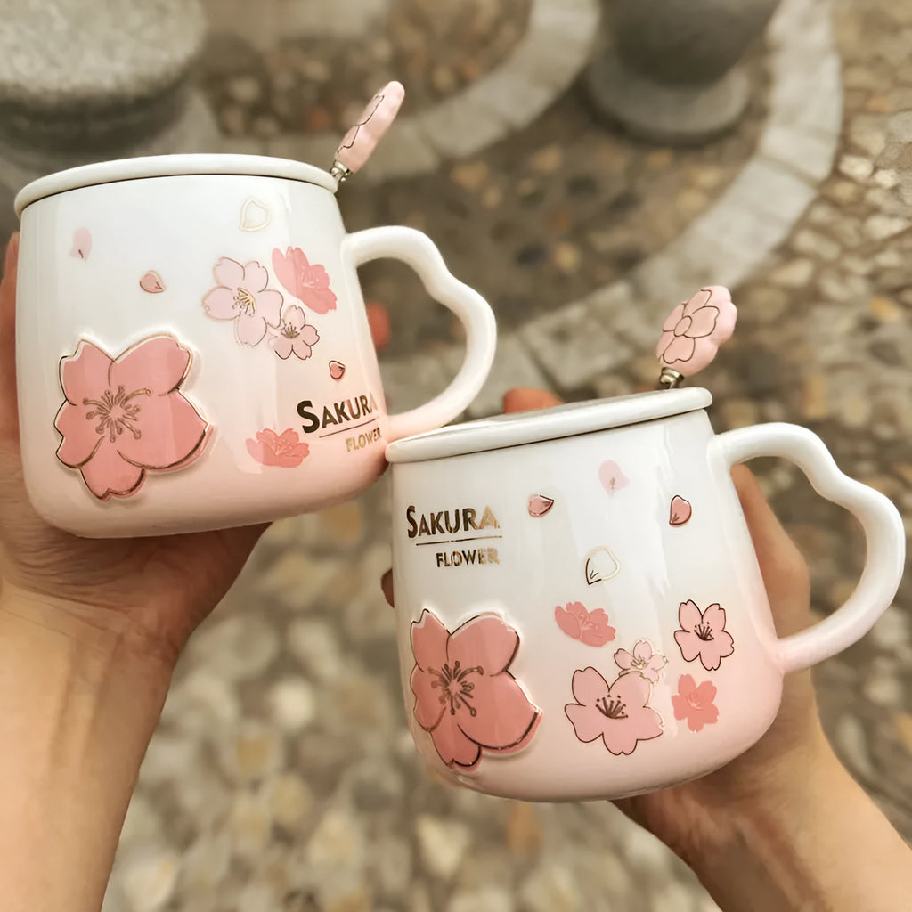 Japanese cherry blossom ceramic cup 400ml white porcelain cylindrical pink floral with lid and spoon