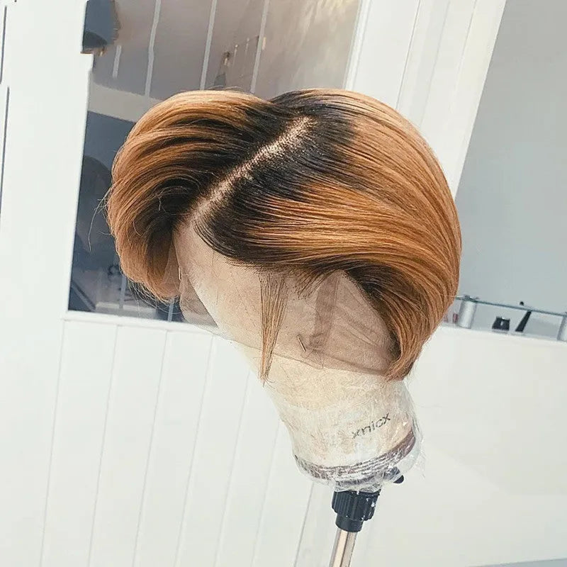 Side-mixed blonde short straight wig in high temperature silk fibre, approximately 35cm long