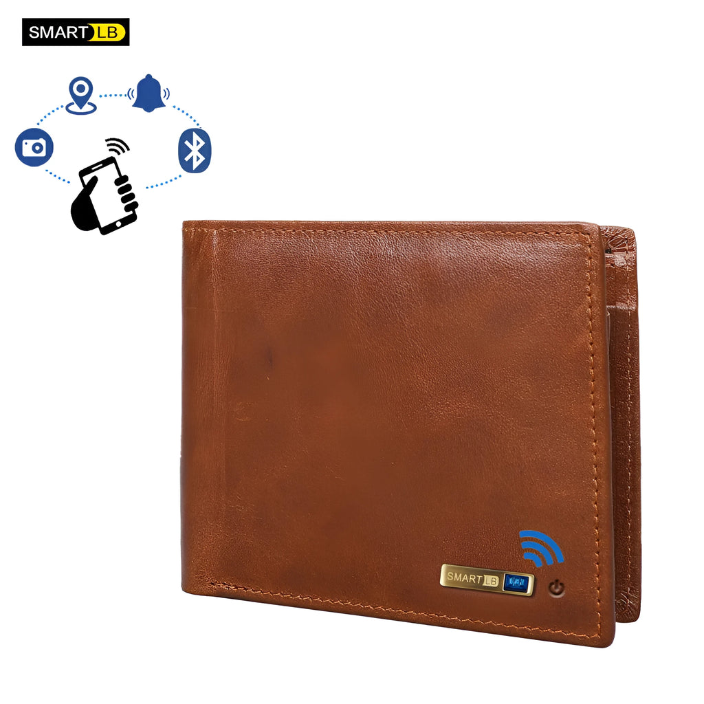 Men's smart leather wallet in brown with multiple card slots and built-in Bluetooth tracker