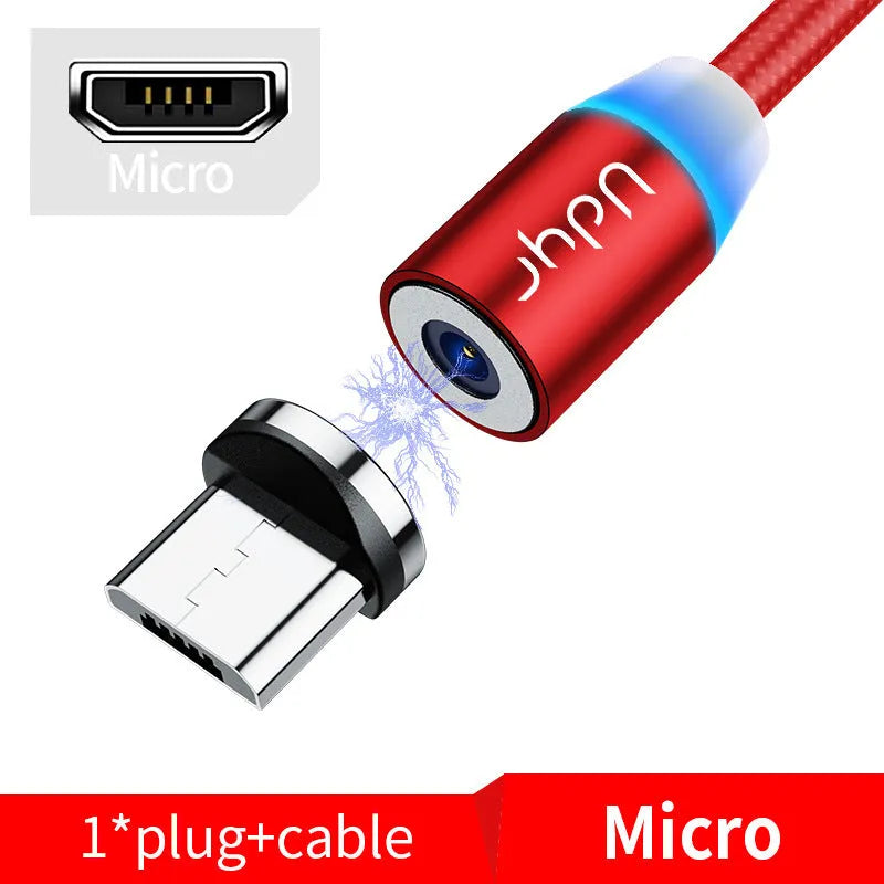 Magnetic USB data cable with interchangeable heads for iPhone Android Type-C devices in three lengths