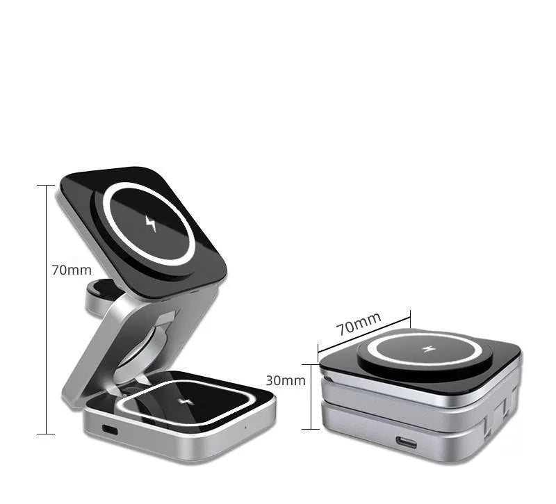 Three-in-one desktop wireless charging bracket showing iPhone, Samsung phone, and Pixel Watch charging simultaneously