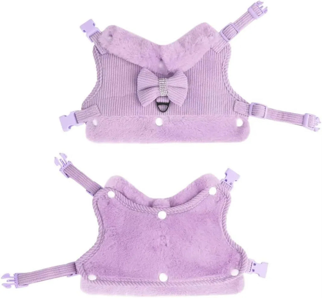 Small dog harness and leash set with bow tie, removable fur collar, padded adjustable harness and 150cm lead