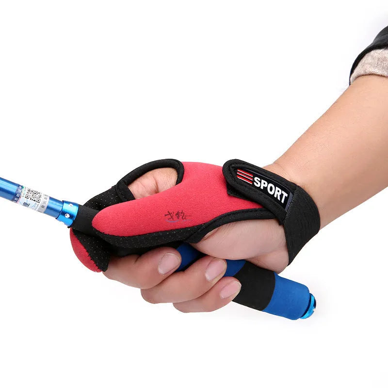 Single fishing glove showing two-finger design, microfiber palm, and diving cloth back.