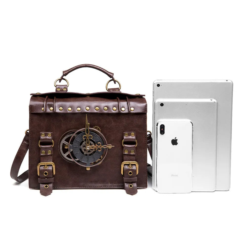 Bronze steampunk industrial retro style shoulder bag with metal hardware and pillow bag shape