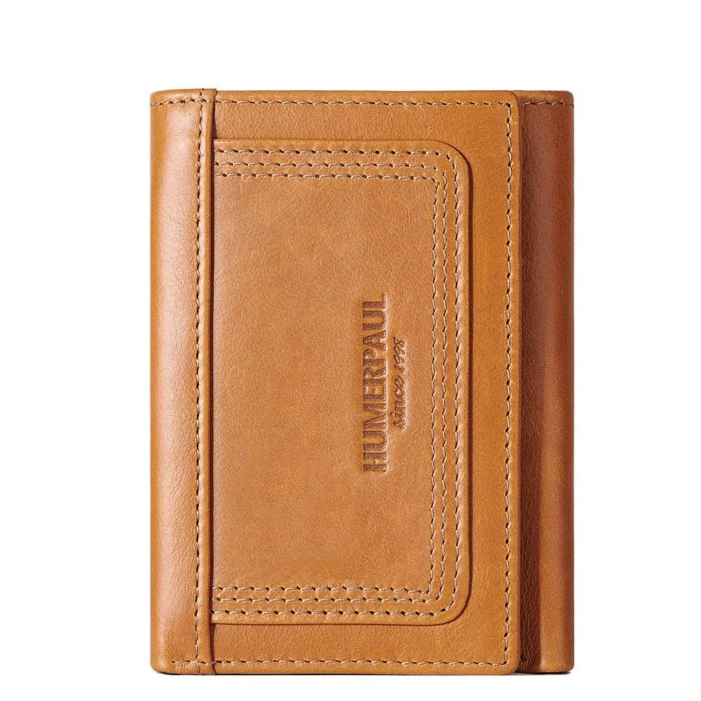 Multi-slot men's genuine leather zipper bag coin purse in brown with visible stitching and metal zipper