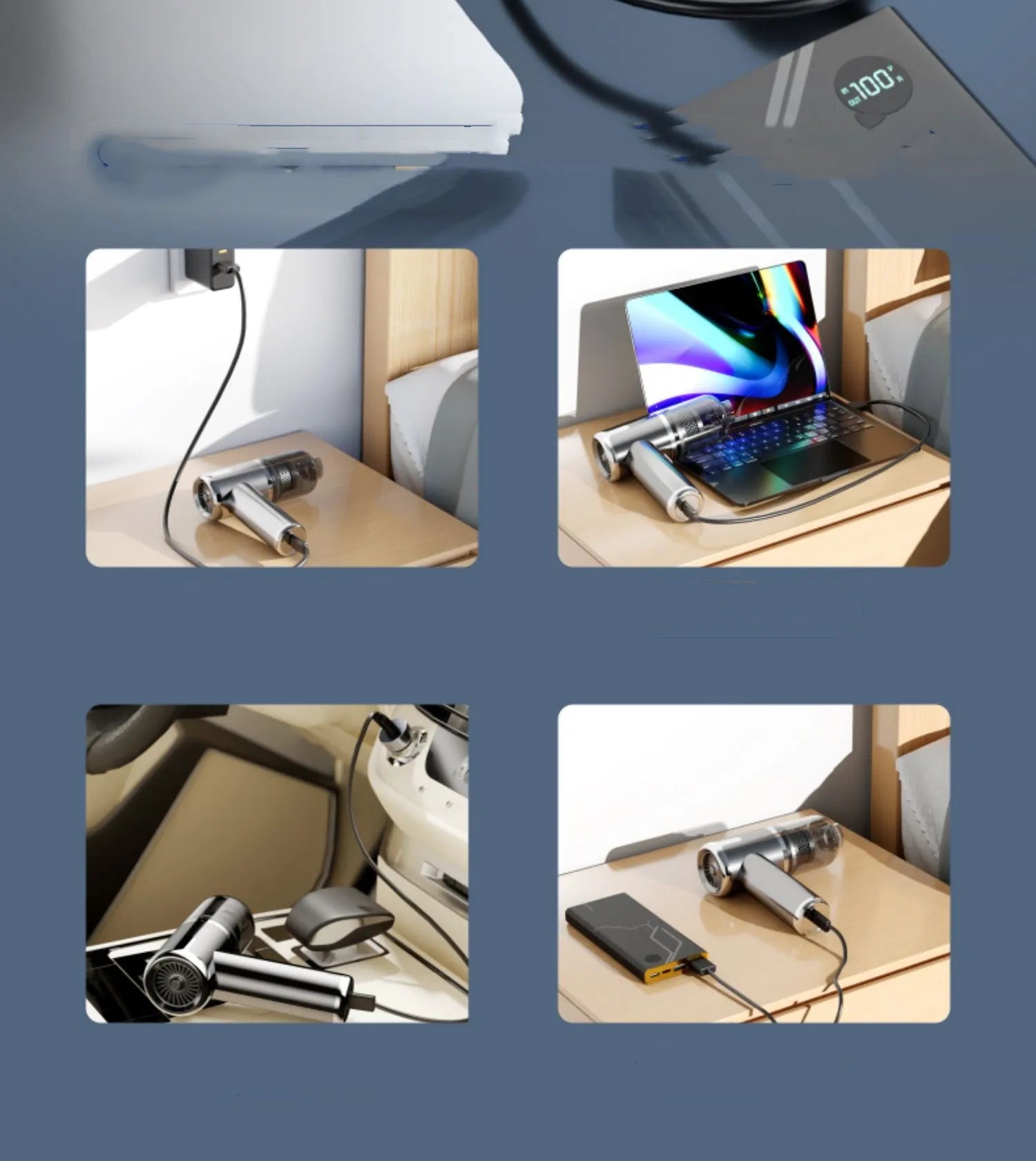 Cordless handheld car vacuum cleaner with attachments on brushed aluminium surface