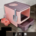Large double door drawer foldable cat litter basin in PP, 50x38x39cm, grey colour with cat shovel