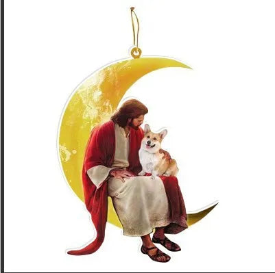 Acrylic flat mini moon Christmas pendant with rope for car interior decoration, cartoon style, 8 colours