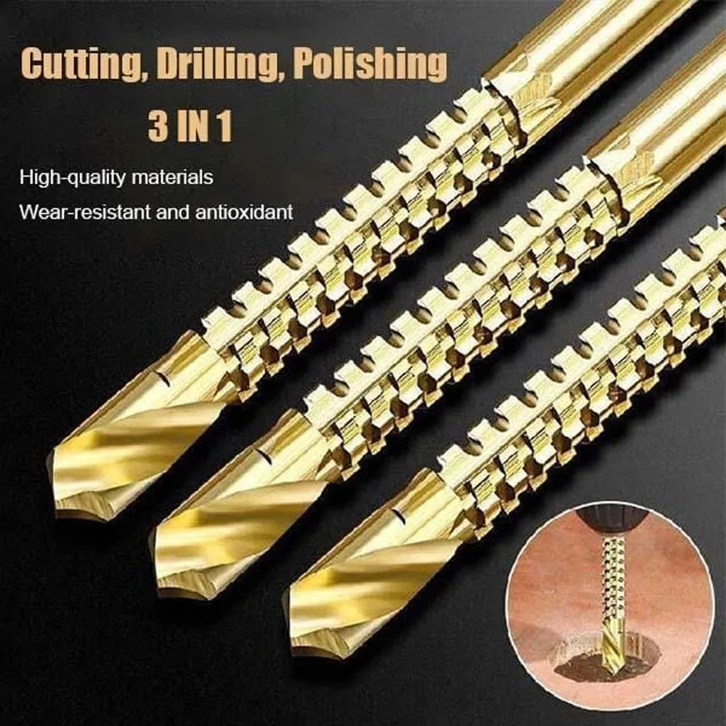 Six HSS woodworking drill bits in diameters 3mm to 8mm laid out on a wooden surface
