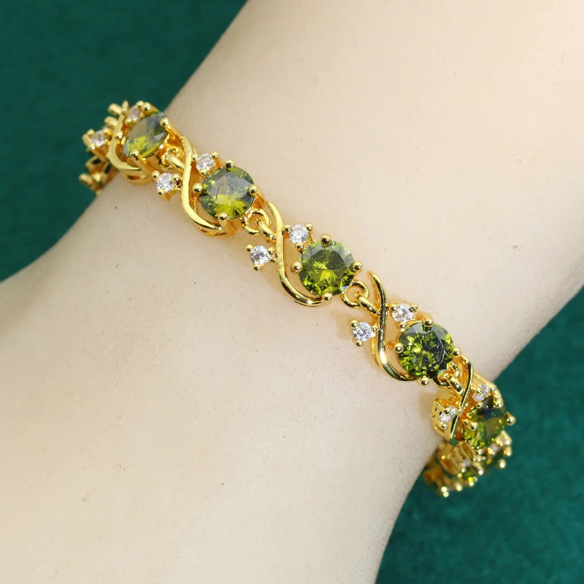 Copper inlaid AAA zircon bracelet with golden leaf design and electroplated finish