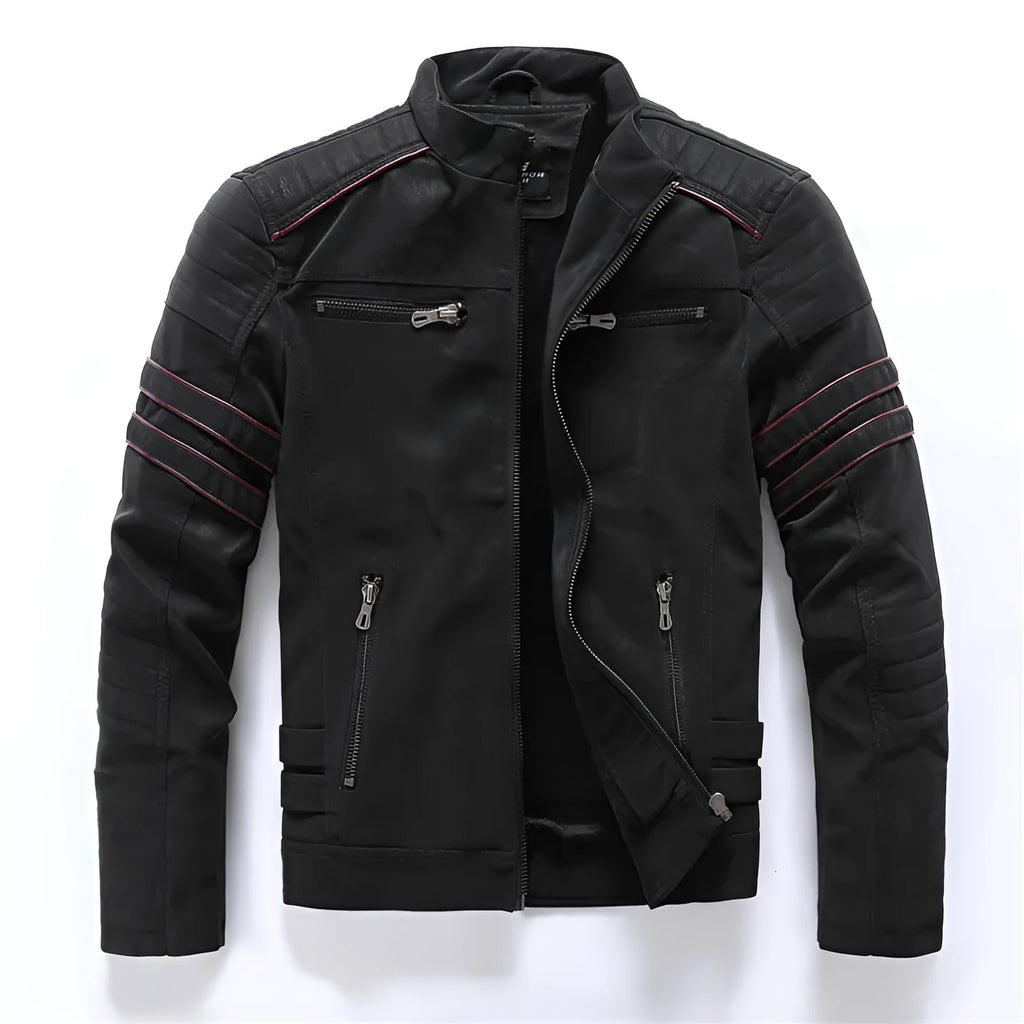 Men's vintage washed PU leather jacket with stand-up collar and zipper pockets, shown in army green