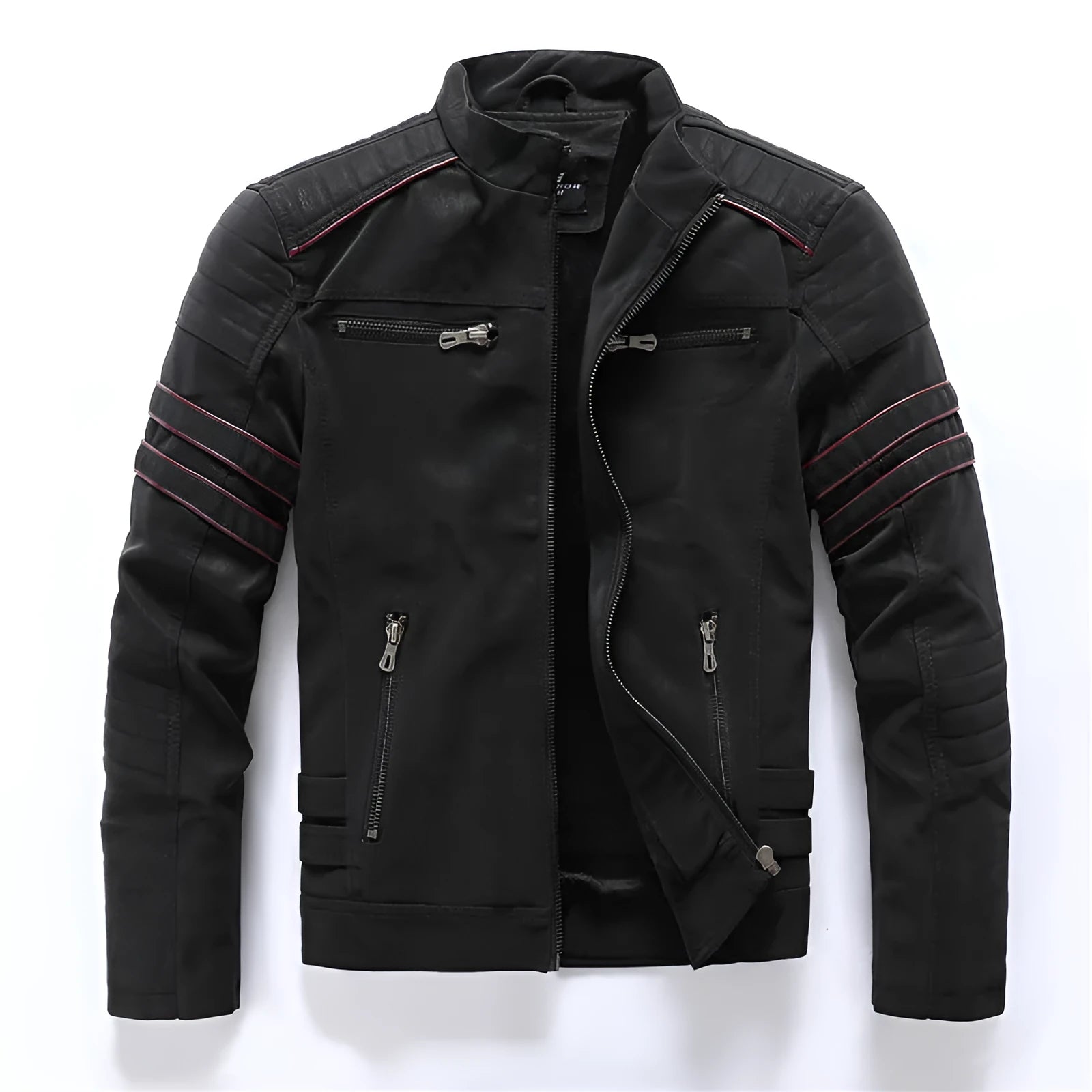 Men's vintage washed PU leather jacket with stand-up collar and zipper pockets, shown in army green